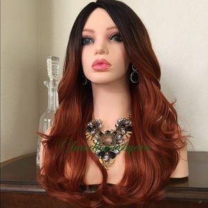 Ginger/red wig wavy layered ombré dark roots 22”
